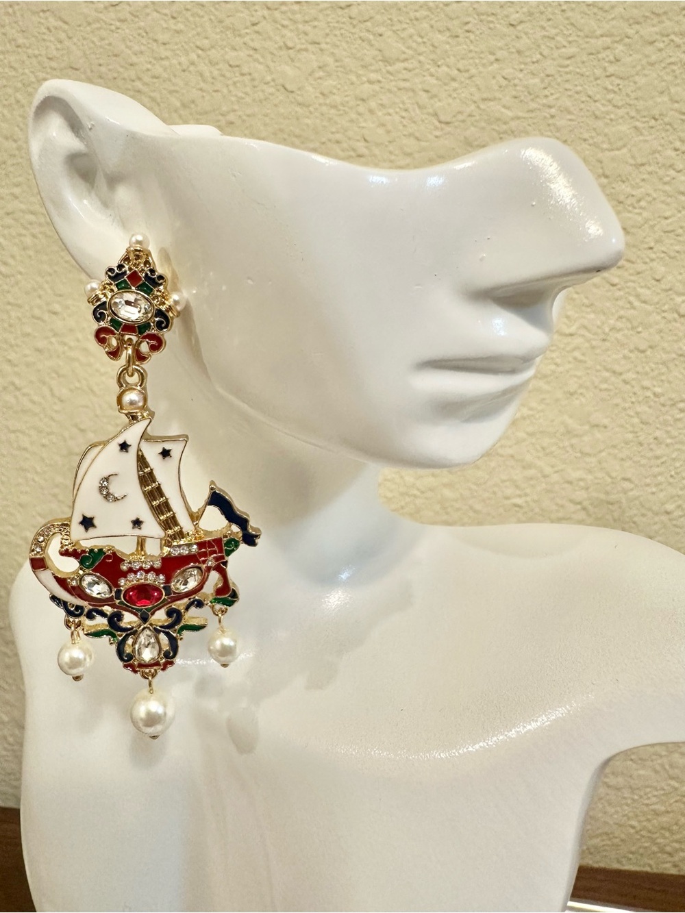 Gold-Plated Statement Multicolor Enamel Ship Drop Earrings